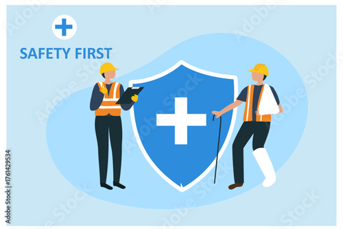 Safety first concept. Safety shield, safety first warning and awareness to prevent from accident injury at construction site vector illustration