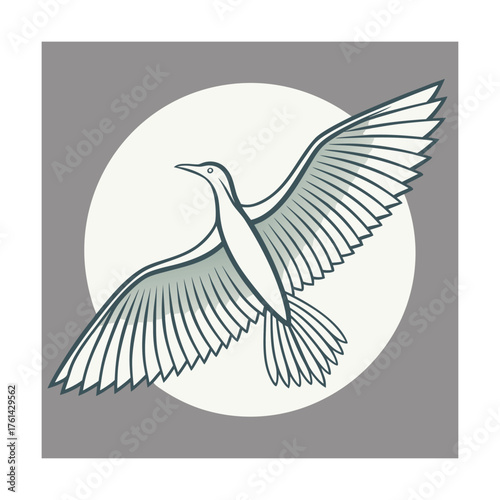 Stylized Bird in Flight with Wings Spread on Gray and White Background flying