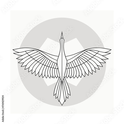 Stylized Line Art Crane Bird Flying Top View in Circle wings spread