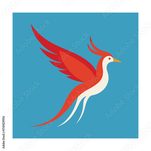 Stylized Red Phoenix Bird Flying Against a Blue Background firebird mythical
