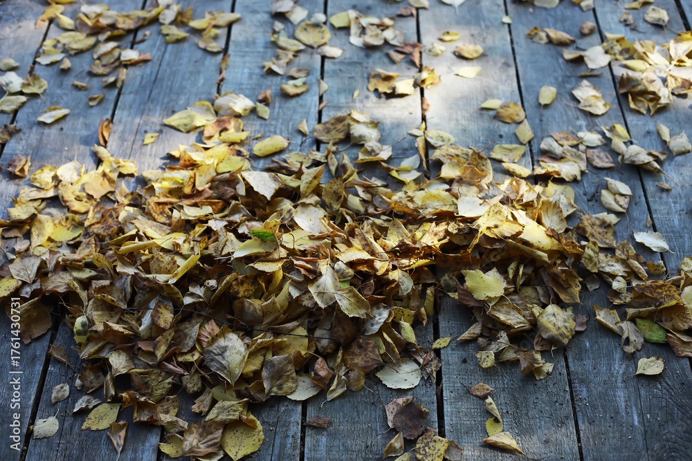 Obraz premium Autumn Leaves Scattered on Rustic Wooden Deck: Capturing the Essence of Fall Season