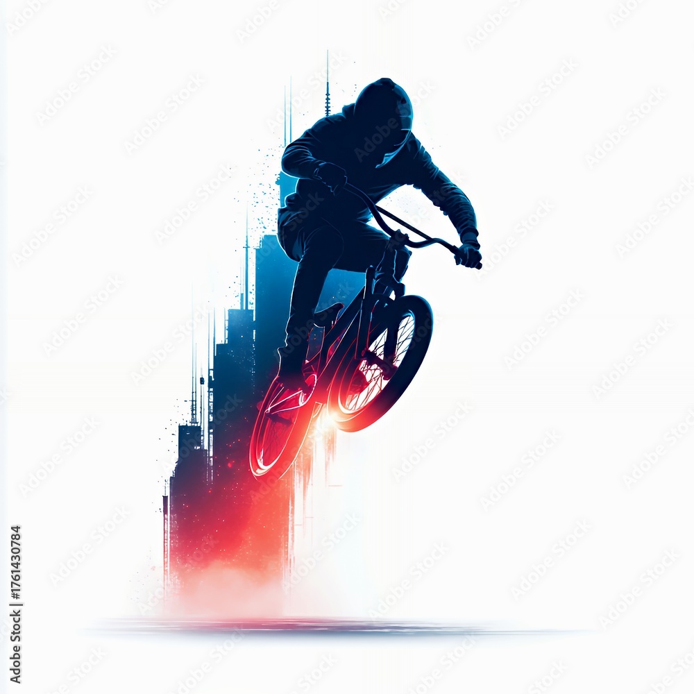Fototapeta premium BMX Rider Urban Jump: Stylish Silhouette in Neon City Art with Dynamic Action