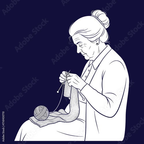 Elderly woman knitting a sweater with yarn sitting indoors  