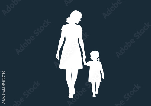 Mother and daughter walking together in silhouette on dark background  