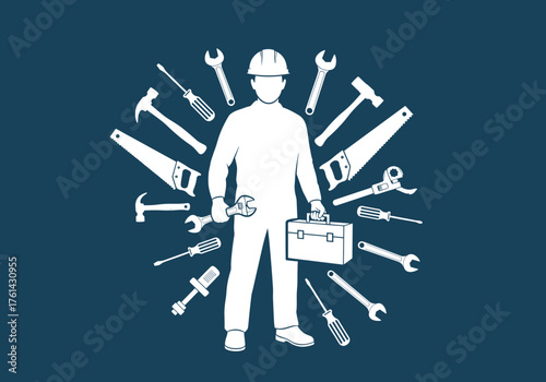 Worker holding toolbox surrounded by various tools on dark background  