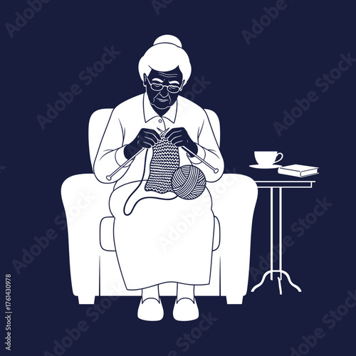 Elderly woman knitting while sitting in armchair with cup and book  
