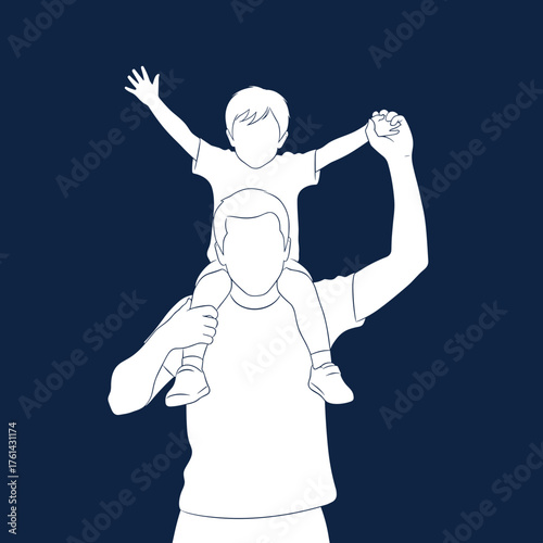 Father giving son a ride on shoulders while celebrating joyfully  