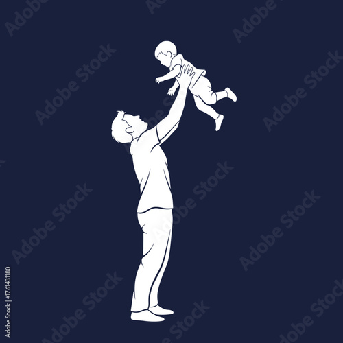 Father lifting child joyfully against dark background  