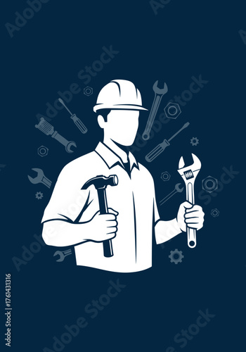 Man in hard hat holding hammer and wrench with tools background  