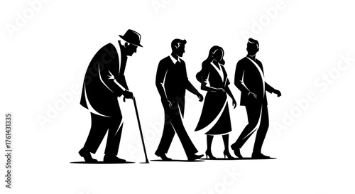 An elderly man walks with a cane, with two men and a girl in the background  