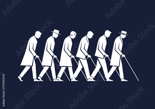 Sequence of men walking with canes in minimalistic style  
