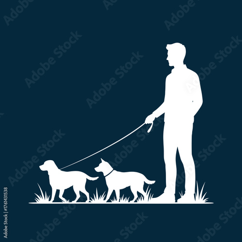 Man walking two dogs on grass with dark background  