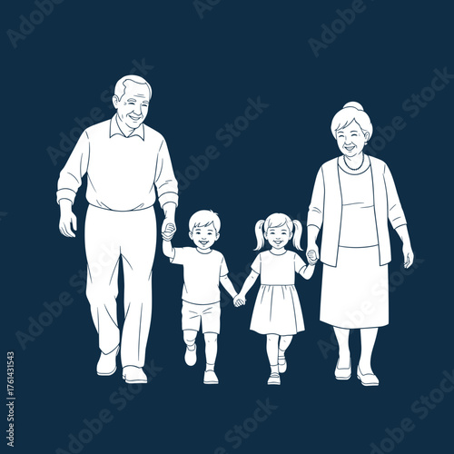 Grandparents walking with grandchildren while holding hands on dark background  