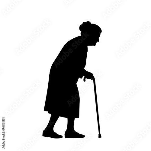 Elderly woman walking with cane in silhouette against white background  