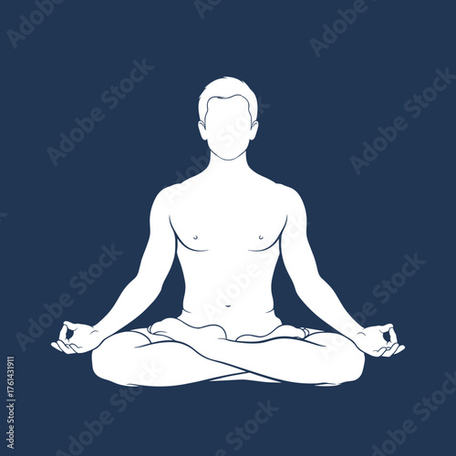 Man meditating in lotus position with neutral background  