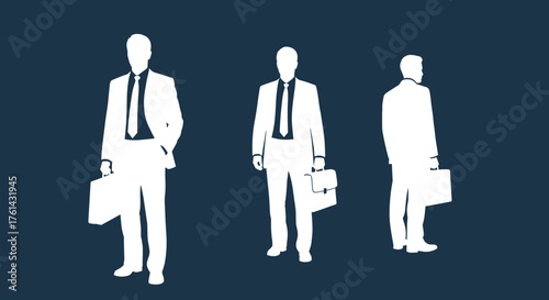 Businessman holding briefcase in three poses on dark background  