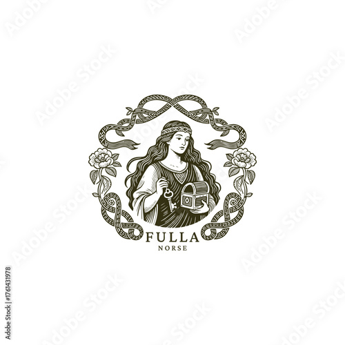 illustration of the Norse goddess Fulla, holding a sacred key and a small casket, framed by an elegant floral wreath