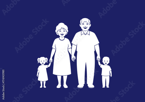 Happy grandparents holding hands with grandchildren on blue background  