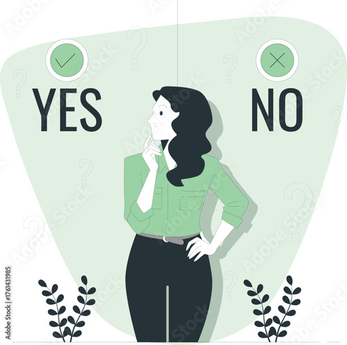 Woman contemplating a decision between YES and NO with question marks choice dilemma