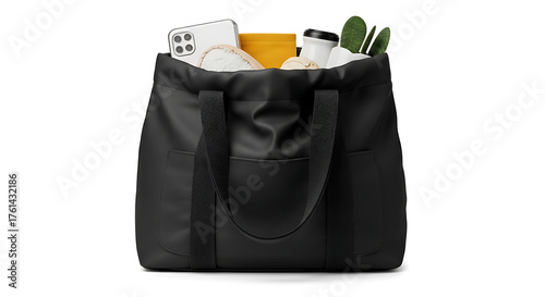 Black tote bag filled with groceries and a smartphone