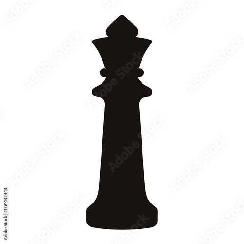 A solitary black chess queen piece on a stark white background