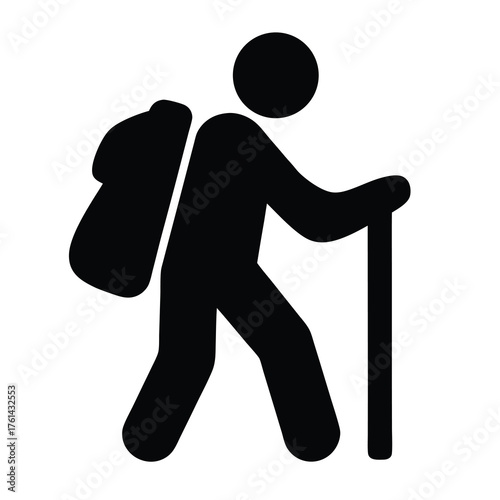 Simple black and white hiking symbol with backpack and walking stick