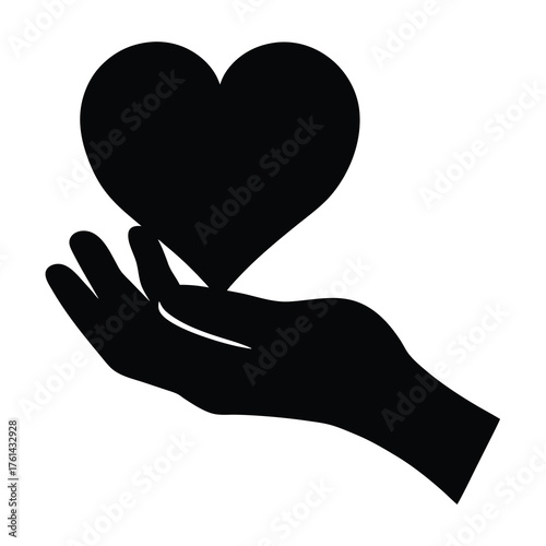Black Silhouette of a Hand Holding a Heart Represents Love and Giving