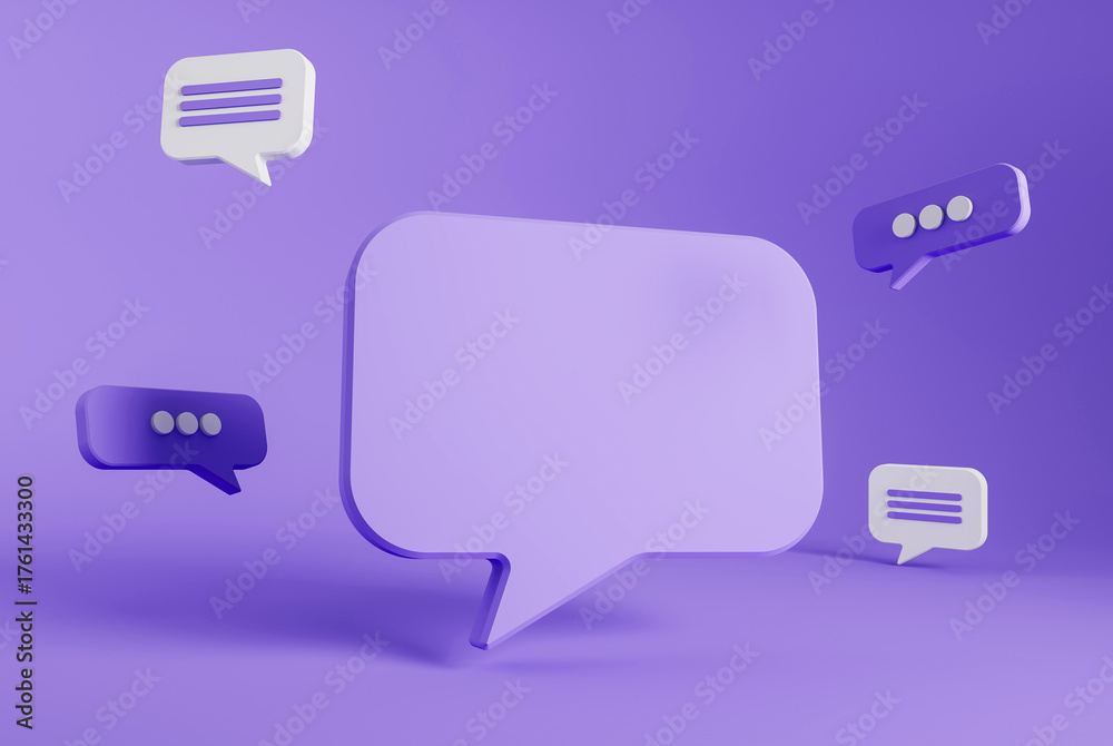Naklejka premium Purple 3D speech bubbles floating in minimalist space with large central chat icon, rendered in modern style on purple background, concept of communication. 3D Rendering