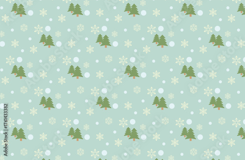 雪の結晶とモミの木が並んだ落ち着いた色合いのクリスマスのシームレスパターン
