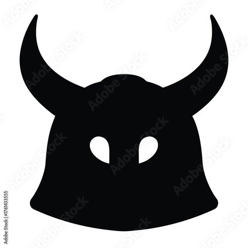 Silhouette of horned helmet with eye slits evoking a devilish visage