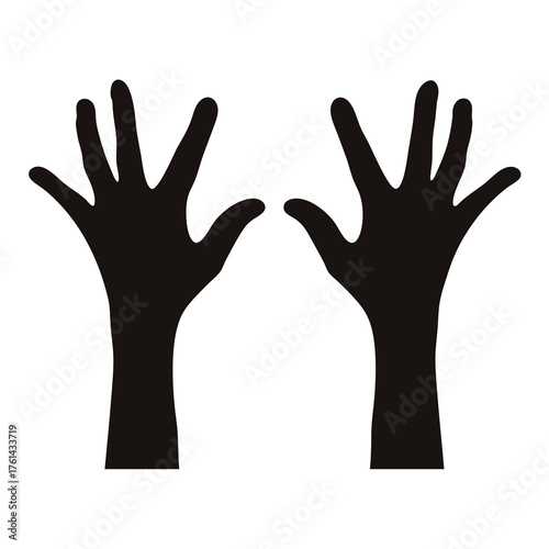 Two hands raised in silhouette against a white background, reaching up
