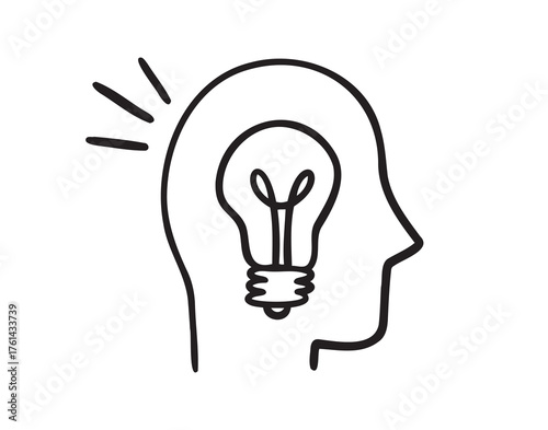 brain idea, profile man head, burning light bulb inside icon doodle hand drawn. Outline line drawing clipart symbol