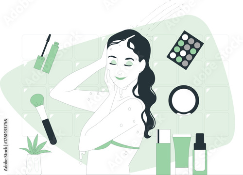 Woman Washing Face With Makeup Products And Shower In Bathroom vector illustration
