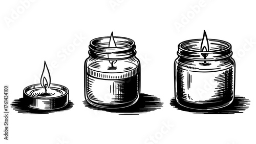 three burning candles in jars and holders, perfect for design, decoration, or relaxation concepts.