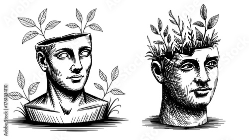 Black and white hand-drawn illustration of two classical busts with open heads sprouting plants, symbolizing creativity, growth, and mindfulness.