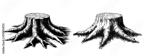 Hand-drawn black and white illustration of two tree stumps with visible roots, vintage engraving for nature, forestry, or design use.