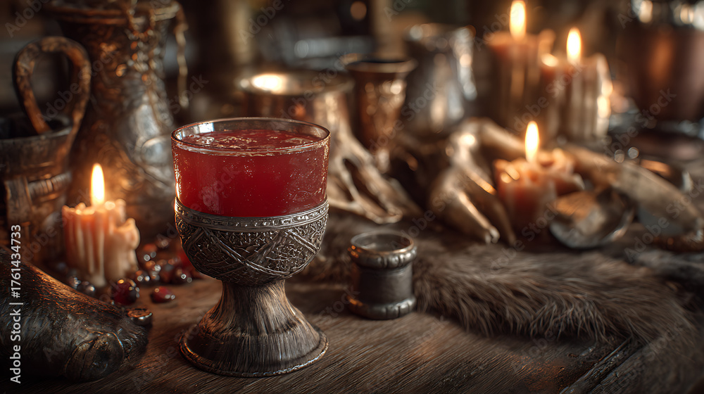 Obraz premium A red drink sits in an ornate cup on a wooden table surrounded by flickering candles, animal bones, and various rustic artifacts in a dimly lit medieval space.