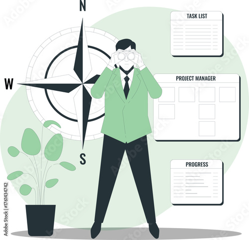 Man with binoculars and compass looks at task list and project manager board vector illustration