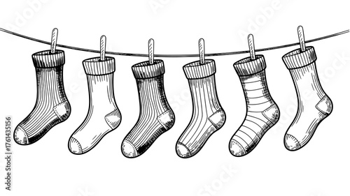 six different socks hanging on a clothesline, representing laundry, home life, and daily routine.