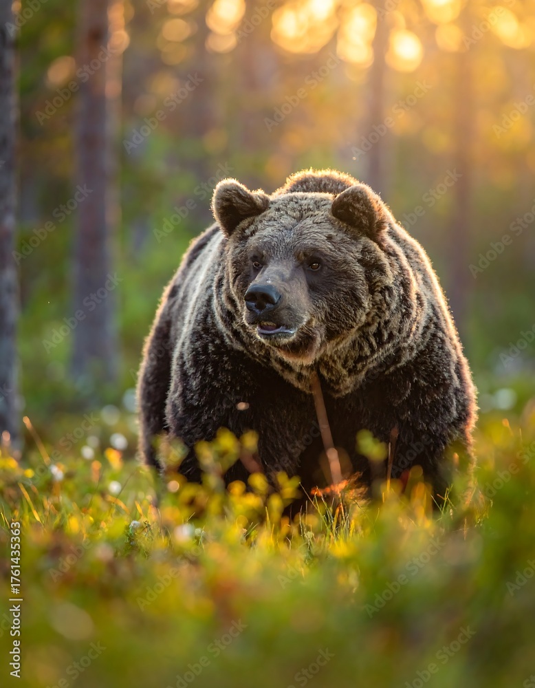 Fototapeta premium Majestic Brown Bear in Finnish Forest at Sunset.