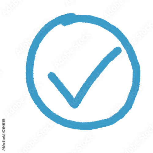 Blue Hand-Drawn Check Mark Inside Circle Isolated on White Background