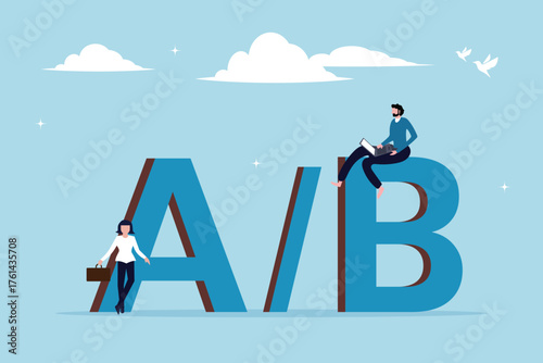Business man and woman programmer and users sitting on alphabets A and B for testing. AB testing, market research to split user to test for user experience for website users positioned on letters A, B