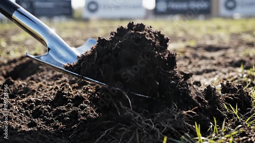 Wallpaper Mural Shiny Metal Shovel Digging into Fresh Dark Soil on a Sunny Day, Symbolizing Groundbreaking and New Project Development Torontodigital.ca