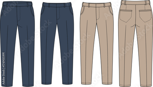 Men’s straight fit casual trousers front and back view, fashion flat sketch, stylish pants CAD drawing, clothing design template