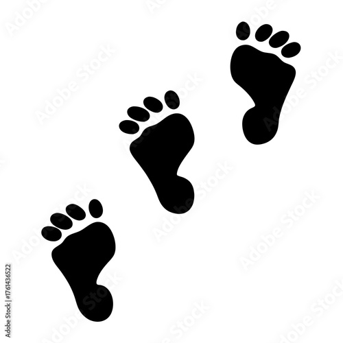 Three black footprints walking diagonally on white background in silhouette style