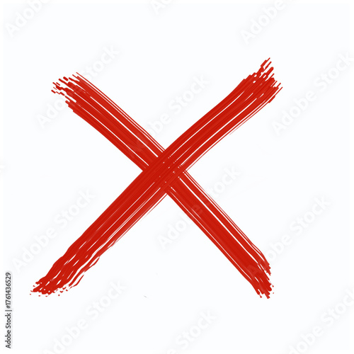 Red cross mark drawn with brush strokes. Hand-drawn X symbol isolated on white background. Red marker sign showing wrong, cancel, or reject in simple doodle style.