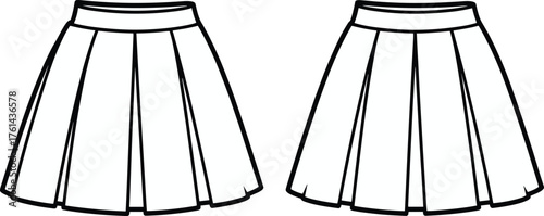 Pleated skirt CAD fashion flat vector, black outline clothing design template, garment technical drawing, minimalist apparel illustration for fashion designers