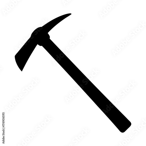 A black silhouette of a pickaxe with a long handle on white