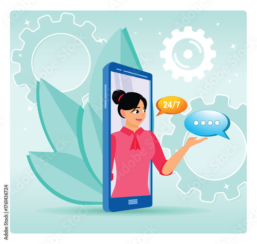 Customer Service. Online Customer Support Woman From Smartphone With 24/7 Chat In Tech Scene.