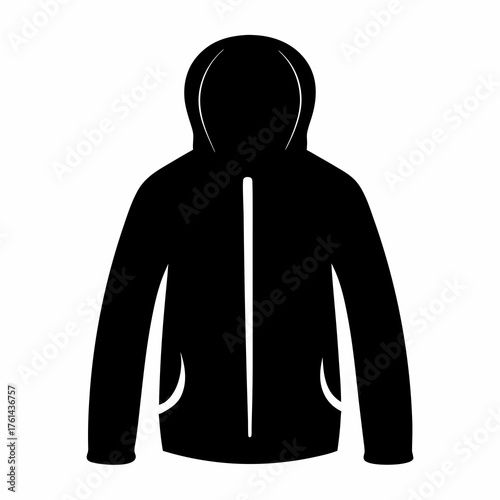 Black silhouette of a hooded jacket with a zipper and pockets